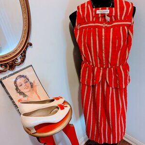 Red Gold Stripe Peplum Vintage Dress Holiday Christmas